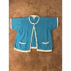 VTG Express Tricot Womens Sweater Medium Turquoise Blue Boucle Knit Cardigan 90s